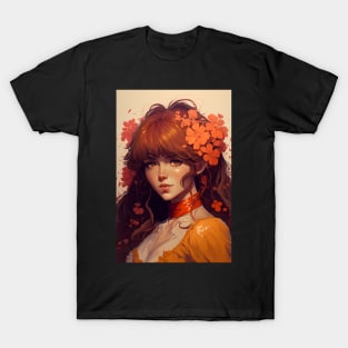 Beautiful Anime Girl from a Medieval World Flowered Hair T-Shirt